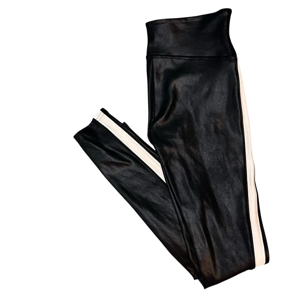 SPANX Black Faux Leather Leggings White Stripe Accent Edgy Athleisure Sporty - Picture 2 of 11